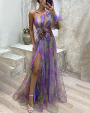 One-shoulder chiffon maxi dress for women with floral overlay