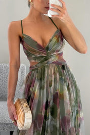 Maxi cocktail dress for women with mesh overlay and V-neck