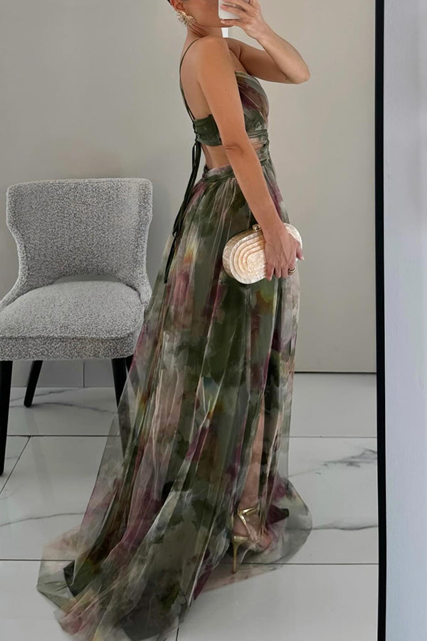 Maxi cocktail dress for women with mesh overlay and V-neck