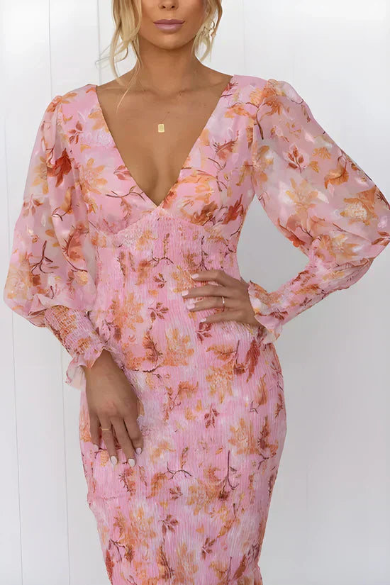 Women's midi dress with floral pattern, puff sleeves and ruffled hem