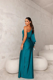 Satin maxi dress for women with one strap and high side slit