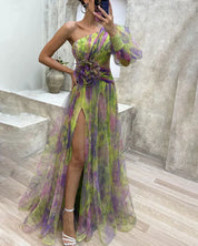 One-shoulder chiffon maxi dress for women with floral overlay