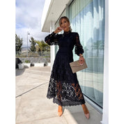 Women's lace midi dress with long sleeves and stand-up collar