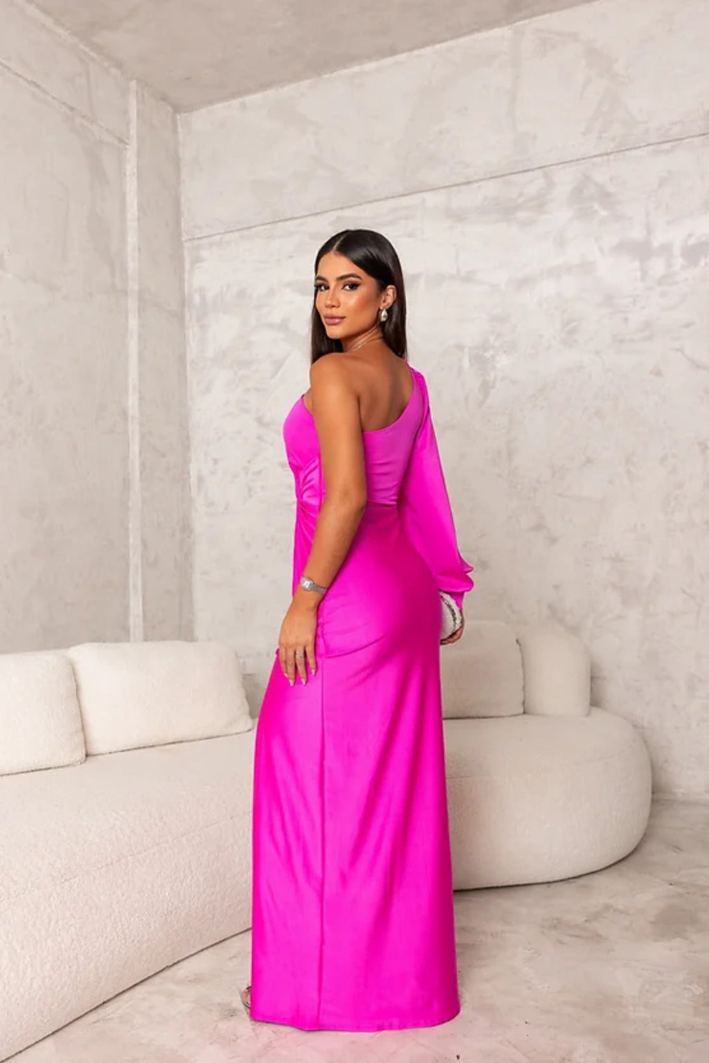 Satin maxi dress for women with one strap and high side slit