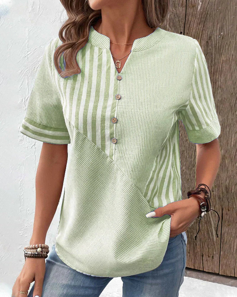 Striped short-sleeved cotton blouse for women with a stand-up collar