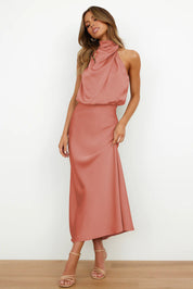 Women's sleeveless satin maxi dress with halter neckline