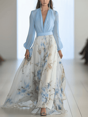 Maxi dress for women with floral pattern, long sleeves and V-neck