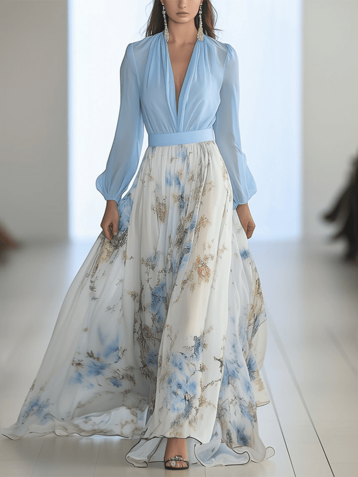 Maxi dress for women with floral pattern, long sleeves and V-neck