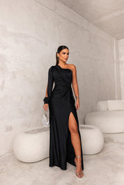 Satin maxi dress for women with one strap and high side slit