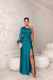 Satin maxi dress for women with one strap and high side slit