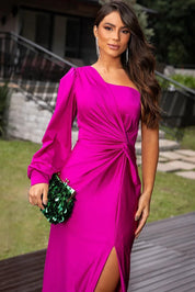 Satin maxi dress for women with one strap and high side slit