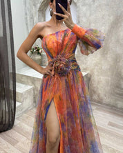 One-shoulder chiffon maxi dress for women with floral overlay