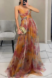 Maxi cocktail dress for women with mesh overlay and V-neck