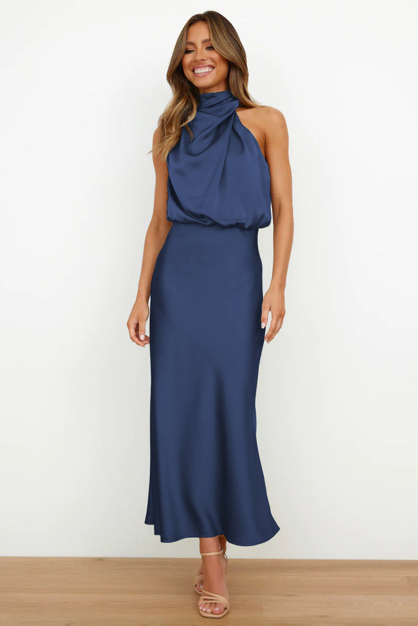 Women's sleeveless satin maxi dress with halter neckline