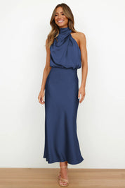 Women's sleeveless satin maxi dress with halter neckline