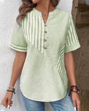 Striped short-sleeved cotton blouse for women with a stand-up collar