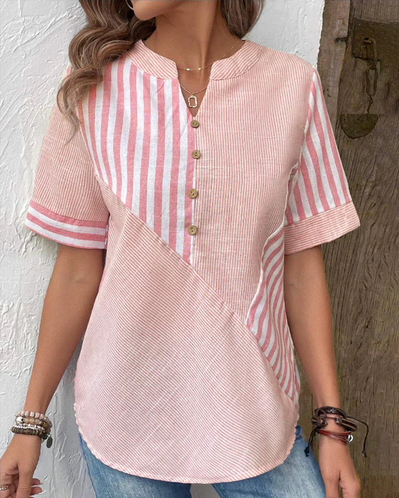 Striped short-sleeved cotton blouse for women with a stand-up collar
