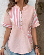 Striped short-sleeved cotton blouse for women with a stand-up collar