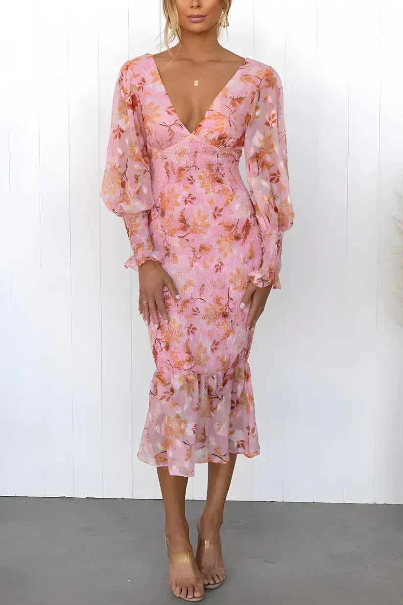 Women's midi dress with floral pattern, puff sleeves and ruffled hem