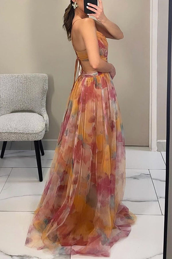 Maxi cocktail dress for women with mesh overlay and V-neck