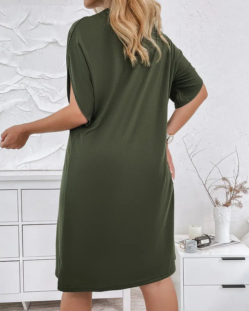 Women's dress with V-neck, short sleeves, and ruffle details