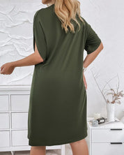 Women's dress with V-neck, short sleeves, and ruffle details