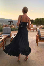 Flowing midi dress for women with a U-neck and ruffled hem