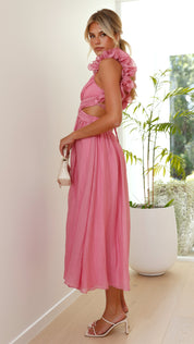 Backless summer dress for women with ruffled straps and tie belt at the back