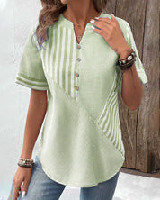 Striped short-sleeved cotton blouse for women with a stand-up collar