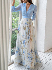Maxi dress for women with floral pattern, long sleeves and V-neck
