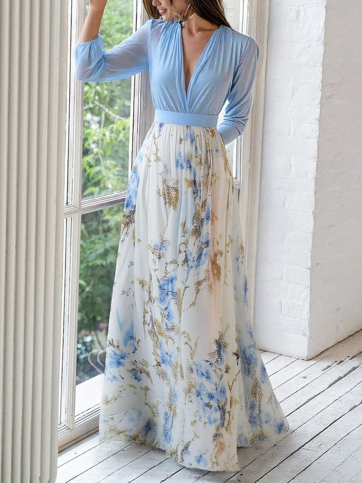 Maxi dress for women with floral pattern, long sleeves and V-neck