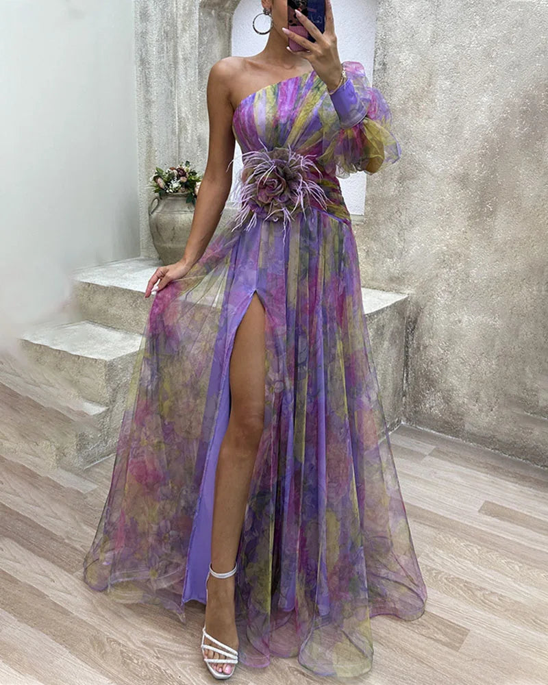 One-shoulder chiffon maxi dress for women with floral overlay