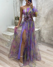 One-shoulder chiffon maxi dress for women with floral overlay