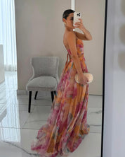 Maxi cocktail dress for women with mesh overlay and V-neck