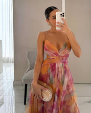 Maxi cocktail dress for women with mesh overlay and V-neck