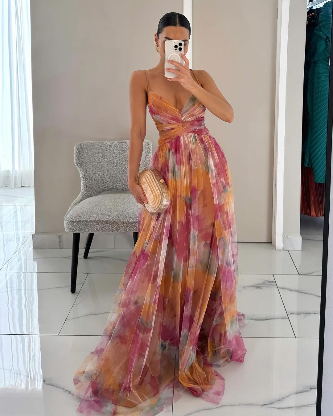 Maxi cocktail dress for women with mesh overlay and V-neck