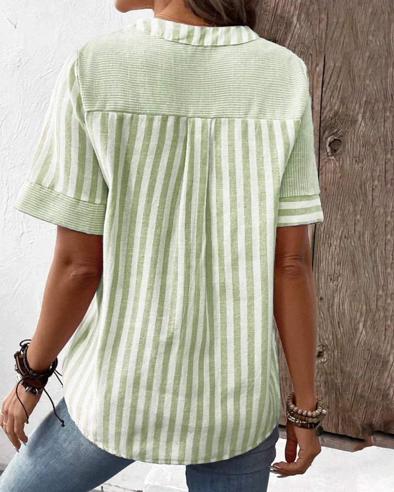 Striped short-sleeved cotton blouse for women with a stand-up collar