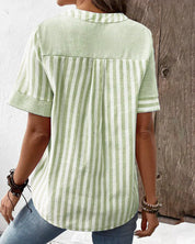 Striped short-sleeved cotton blouse for women with a stand-up collar
