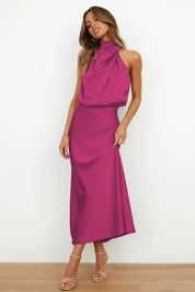 Women's sleeveless satin maxi dress with halter neckline