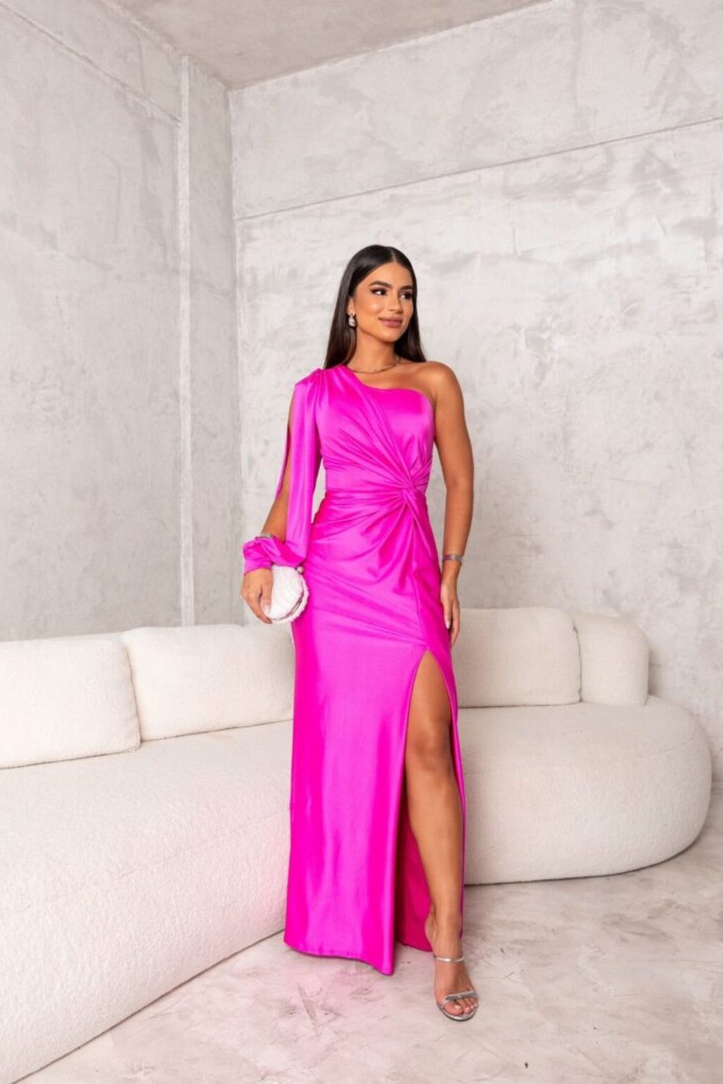Satin maxi dress for women with one strap and high side slit