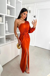 Satin maxi dress for women with one strap and high side slit