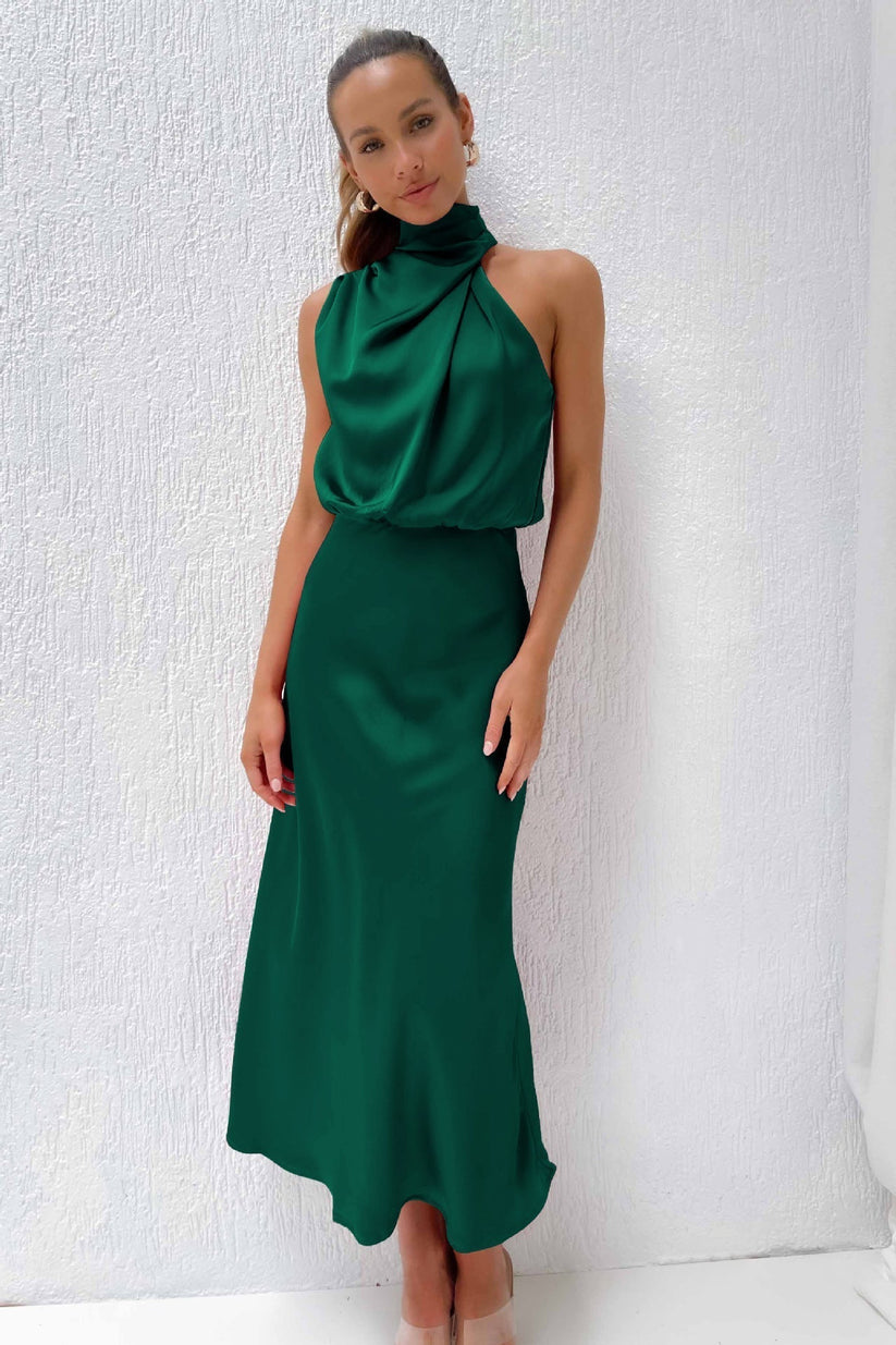Women's sleeveless satin maxi dress with halter neckline