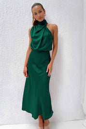 Women's sleeveless satin maxi dress with halter neckline