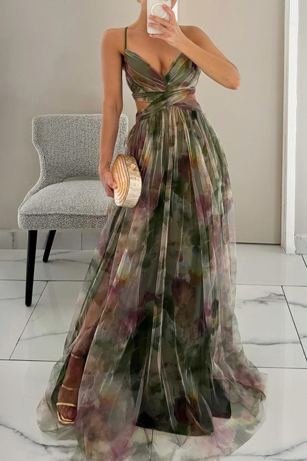 Maxi cocktail dress for women with mesh overlay and V-neck