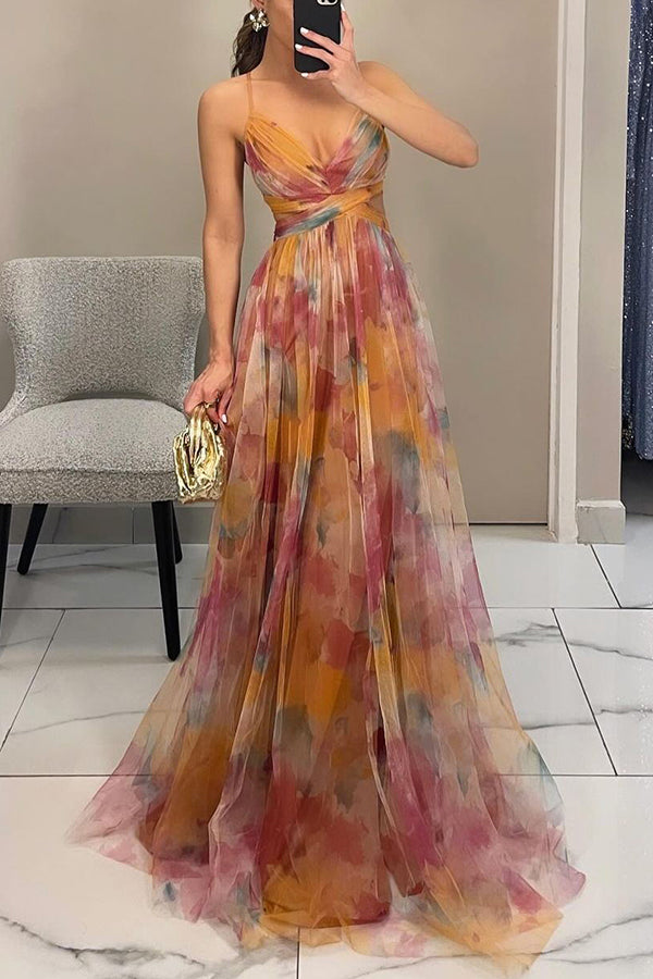 Maxi cocktail dress for women with mesh overlay and V-neck