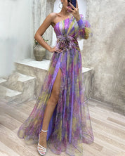 One-shoulder chiffon maxi dress for women with floral overlay