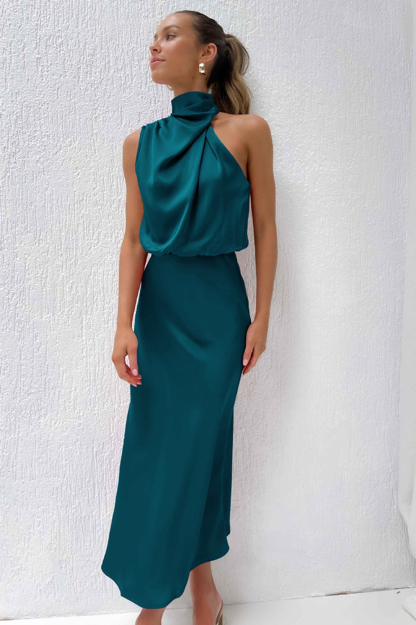 Women's sleeveless satin maxi dress with halter neckline