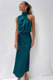 Women's sleeveless satin maxi dress with halter neckline