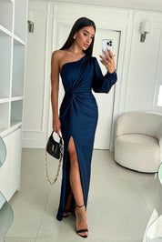 Satin maxi dress for women with one strap and high side slit