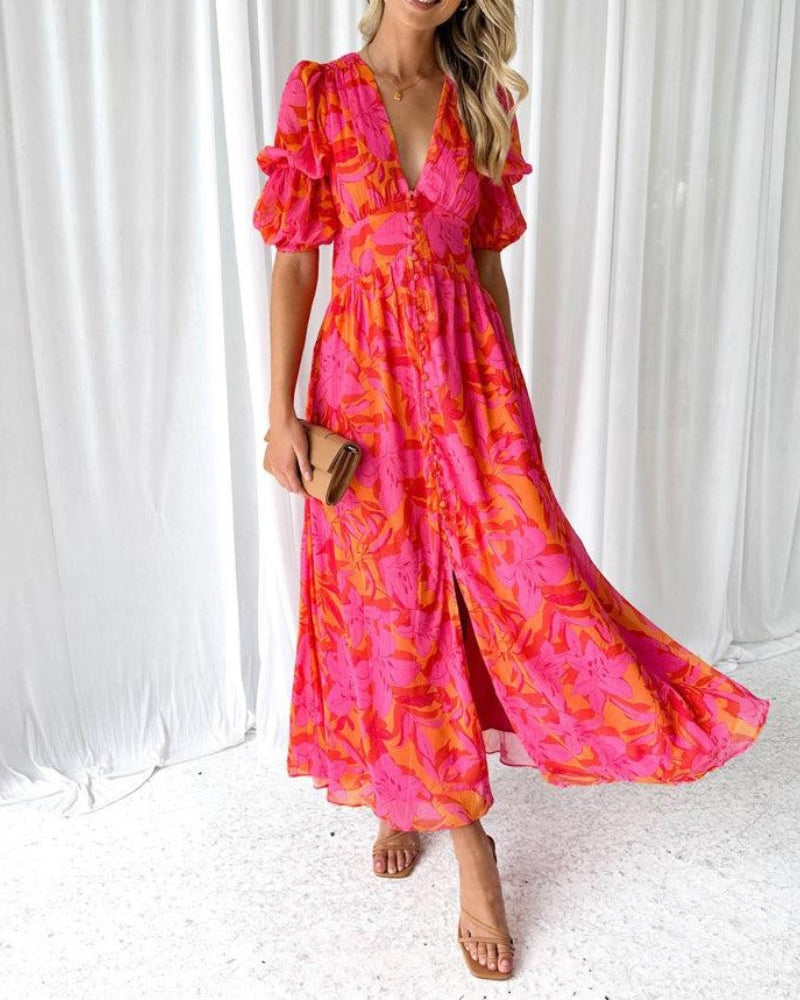 Maxi dress for women with floral pattern, puff sleeves, V-neck and slit